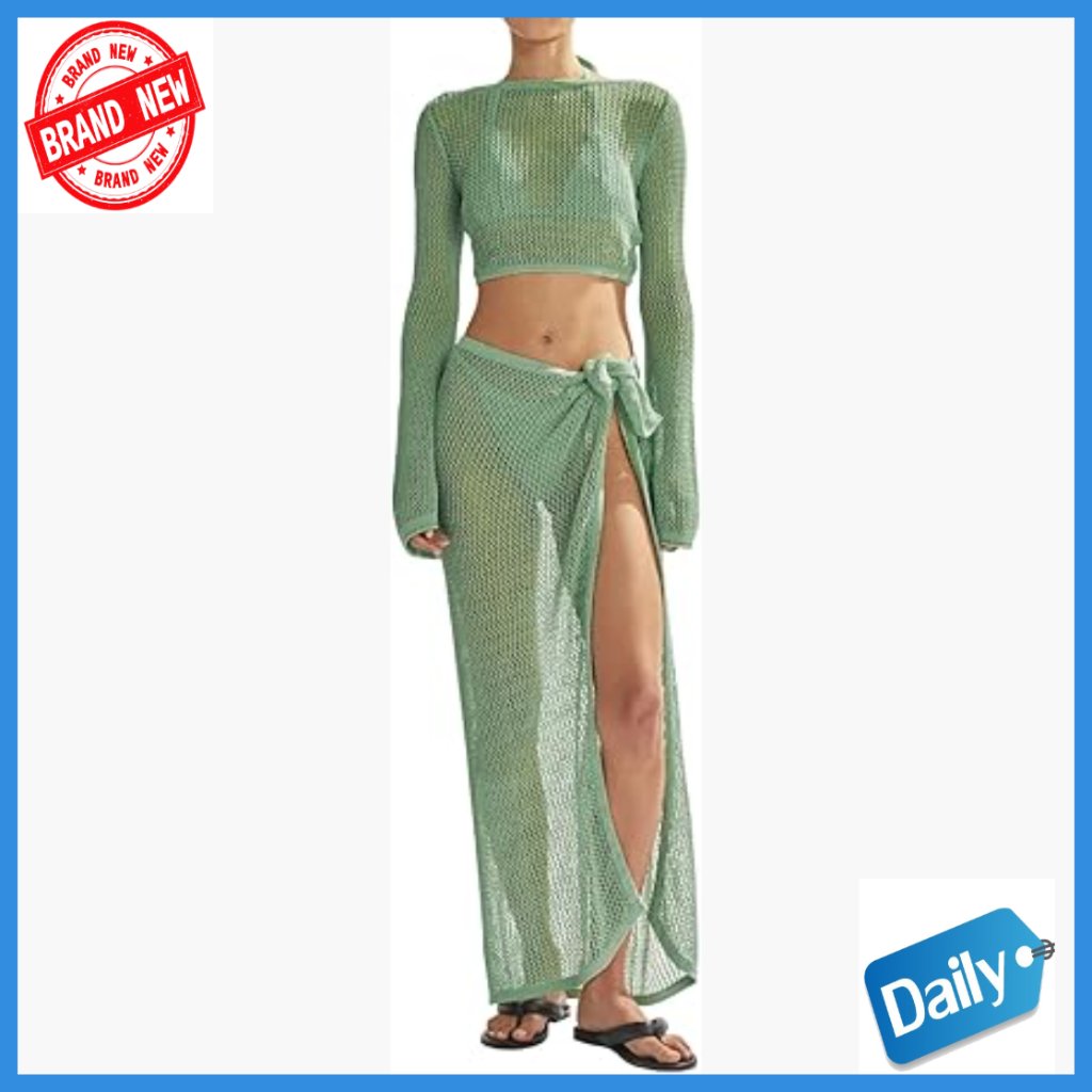 Crochet Hollow Out Mesh Cover Up Set With Long Sleeves Medium